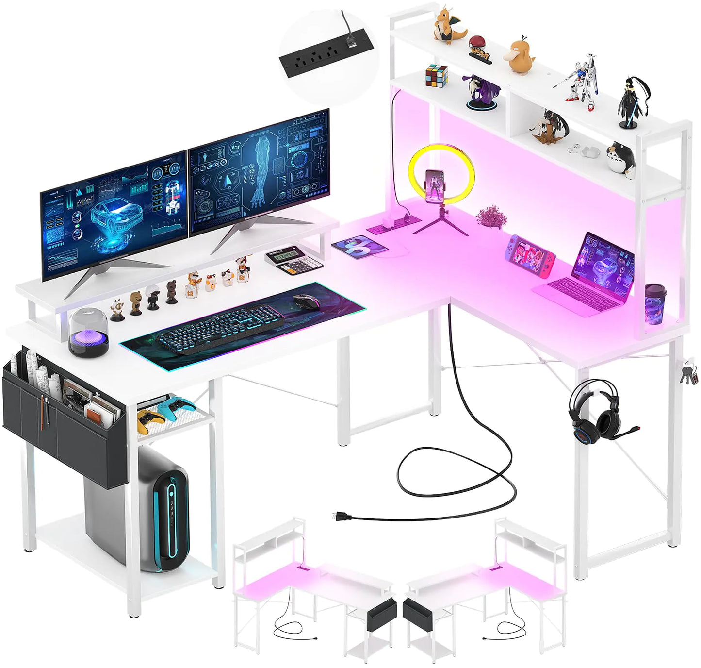 L-Shaped Desk with Charging Port & LED Strip