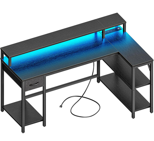 53 inch Reversible L Shaped Desk with LED Lights & Power Outlets