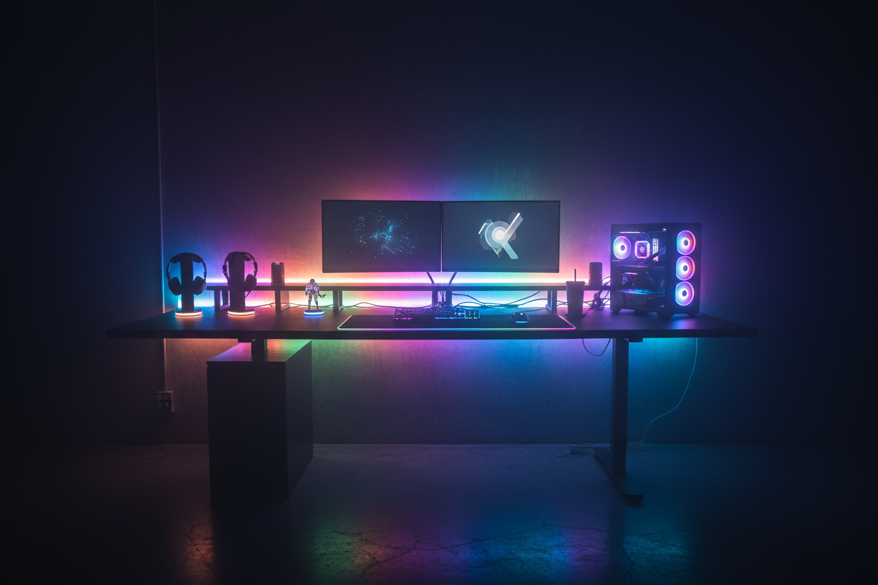 show desk 2 monitors on desk late at night so dark all around 4k image and show led lights making the desk glow looking magical