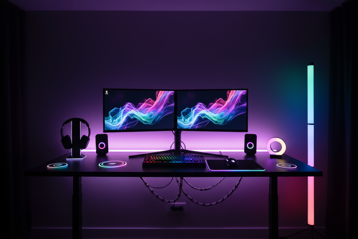 show desk that has multiple accessories, has 2 monitors, has different things that have rgb lights that light up the room, like a light stand, led strip lights, led mouse pad, led mouse, led keyboard, and anything else u can think of